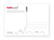 Die Postkarte „Moritzburg“ hat einen weißen Hintergrund, das rot-graue Logo „halle saale* HANDELSTADT“ oben links, deutschen Text, einen grauen Umriss der Skyline von Halle (Saale) mit dem Kunstmuseum Moritzburg sowie Platz für Adresse und Briefmarke.