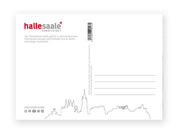 Die Postkarte „Planetarium Halle“ zeigt oben links „halle saale HANDELSTADT“ und einen roten Stern, rechts deutschen Text, Adresszeilen und unten eine schwarze Skyline mit Sehenswürdigkeiten wie Gasometer und Planetarium Halle. Unten links sind Social-Media-Symbole zu sehen.