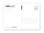 Die Postkarte „Silhouette Halle“ ist eine Blankopostkarte aus Halle (Saale), Deutschland, mit den Sehenswürdigkeiten von Halle (Saale). Es zeigt das Logo „halle saale* HANDELSTADT“, Social-Media-Icons mit #verliebtinhalle und Platz für einen Stempel.