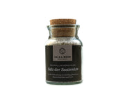 Das „Salz & Mehr-Bundle Salz der Saalenixe groß mit Salzschaufel“ besteht aus einem Glas mit grobem Salz, Korkdeckel und dunklem Etikett, ideal zum Würzen von Meeresfrüchten und Fisch. Das Glas enthält eine Salzschaufel und ist auf weißem Hintergrund abgebildet.