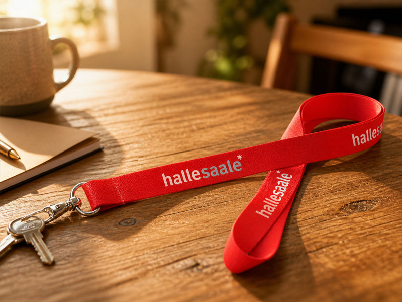 Rotes Schlüsselband hallesaale mit Karabiner.Nahaufnahme eines leuchtend roten Lanyards (Schlüsselband) auf einer rustikalen Holzoberfläche. Auf dem Band steht in weißer Schrift „hallesaale*“. Am Metallkarabiner hängen zwei silberne Schlüssel. Im Hintergrund sind unscharf eine Kaffeetasse, ein Notizbuch und ein Stift in warmem Sonnenlicht zu sehen.