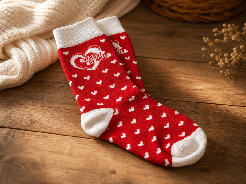 Nahaufnahme von gemütlichen, roten Stricksocken auf einer rustikalen Holzoberfläche. Die Socken haben ein Muster aus kleinen weißen Herzen und ein größeres Herz-Logo am Schaft mit dem Schriftzug „Verliebt in Halle“. Im Hintergrund sind eine helle, grob gestrickte Decke und ein Weidenkorb angedeutet. Das Licht ist warm und weich.