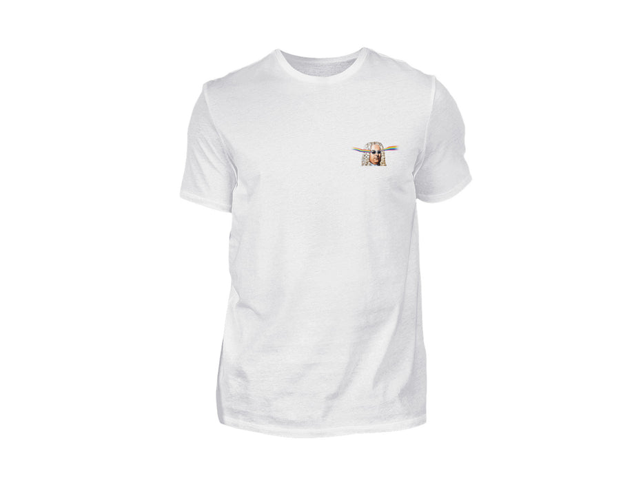 Das T-Shirt „Graffiti-Händel“ ist ein schlichtes weißes Baumwoll-T-Shirt mit einer kleinen, detailreichen Faultier-Illustration auf der linken Brust, gedruckt per Digital Direkt Druck und auf weißem Hintergrund abgebildet.