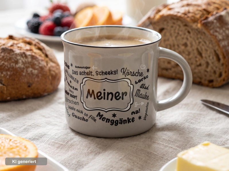 Graue Keramiktasse in klassischer Emaille-Becher-Form mit schwarzem Innenrand. Auf der Frontseite befindet sich der Schriftzug „Meiner“ in einem geschwungenen Rahmen, umgeben von halleschen Mundart-Begriffen wie „Körsche“, „Mauke“ und „Menggänke“.