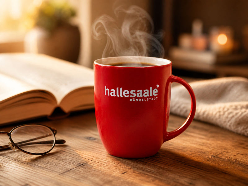 Eine rote Kaffeetasse im Fokus, aus der heißer Dampf aufsteigt. Auf der Tasse ist das weiße Logo „hallesaale* HÄNDELSTADT“ zu sehen. Sie steht auf einem rustikalen Holztisch in gemütlicher Atmosphäre. Im Hintergrund liegen ein aufgeschlagenes Buch und eine Brille, sanft beleuchtet von warmem, natürlichem Licht.
