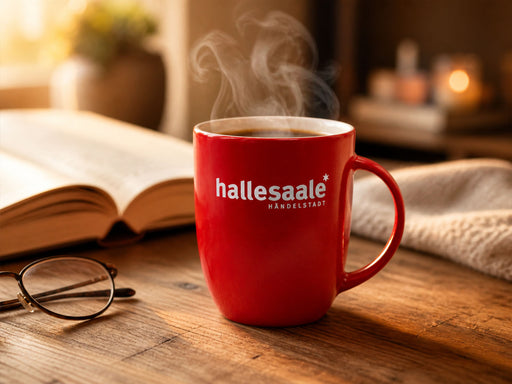 Eine rote Kaffeetasse im Fokus, aus der heißer Dampf aufsteigt. Auf der Tasse ist das weiße Logo „hallesaale* HÄNDELSTADT“ zu sehen. Sie steht auf einem rustikalen Holztisch in gemütlicher Atmosphäre. Im Hintergrund liegen ein aufgeschlagenes Buch und eine Brille, sanft beleuchtet von warmem, natürlichem Licht.