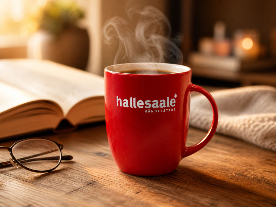 Eine rote Kaffeetasse im Fokus, aus der heißer Dampf aufsteigt. Auf der Tasse ist das weiße Logo „hallesaale* HÄNDELSTADT“ zu sehen. Sie steht auf einem rustikalen Holztisch in gemütlicher Atmosphäre. Im Hintergrund liegen ein aufgeschlagenes Buch und eine Brille, sanft beleuchtet von warmem, natürlichem Licht.