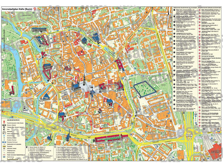 Laden Sie den „Innenstadtplan Halle (Saale)“ herunter – eine detaillierte Farbkarte der Innenstadt von Halle mit Straßen, Gebäuden, Straßenbahnlinien, Parks und Sehenswürdigkeiten. Kostenloses Informationsmaterial zu den wichtigsten Sehenswürdigkeiten entdecken!.