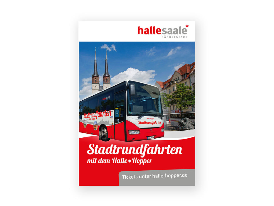 Flyer "Stadtrundfahrten mit dem Halle-Hopper" Sommerfahrplan (April–Oktober)