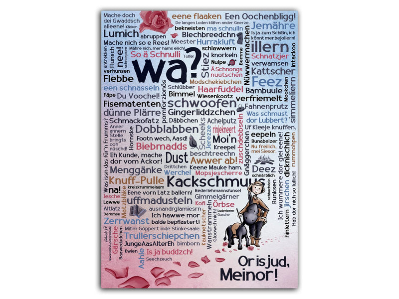 Plakat "Halle Mundart" - Wer hior nich schmunzld, is selbor schuld! Plakat mit Halleschen Mundart-Begriffen.  Das Plakat wurde von der Halleschen Künstlerin Selina Peterson entwickelt. 